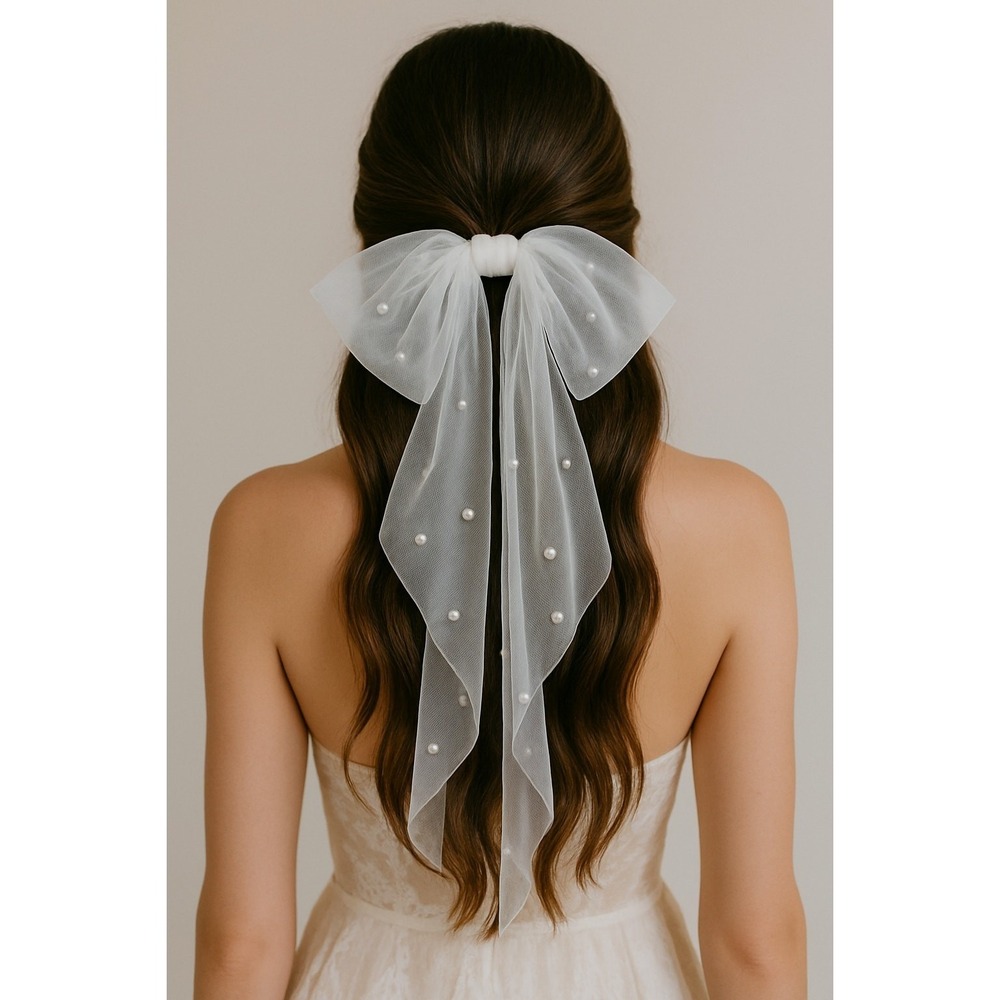 New White Pearl Tulle Hair Bow Veil Bride Bachelorette Party Wedding Retro